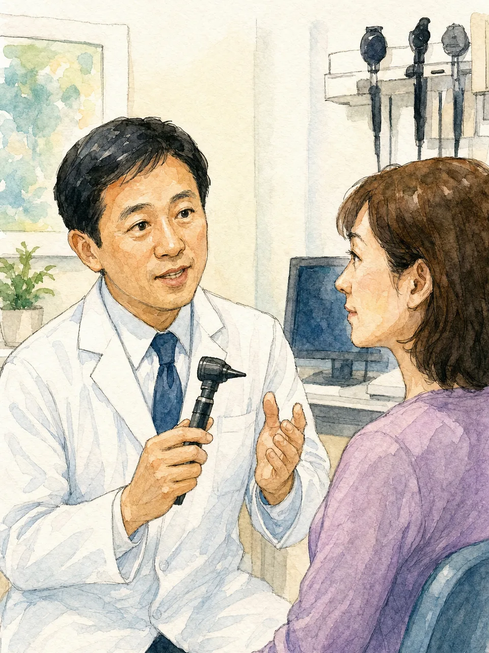 耳鼻科で診察を受ける日本人患者（手描き水彩）。耳鼻科、耳の診察、医療、クリニックの記事向け素材です。