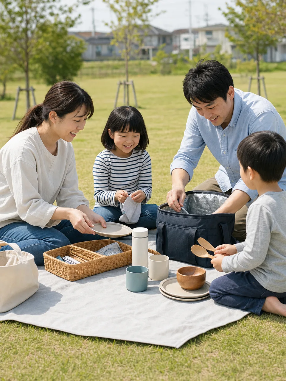 週末のピクニックを楽しむ日本人（自然な縦位置写真）。週末ピクニック、家族、レジャー、公園の記事向け素材です。