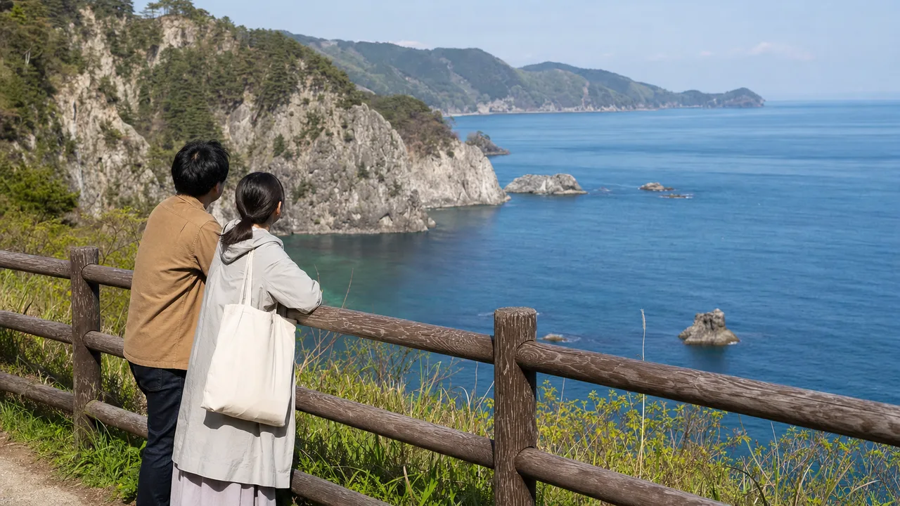 岩手の三陸海岸を眺める旅行者（横長・コピースペース）。岩手旅行、三陸海岸、東北旅行、海岸風景の記事や案内に使える商用素材です。
