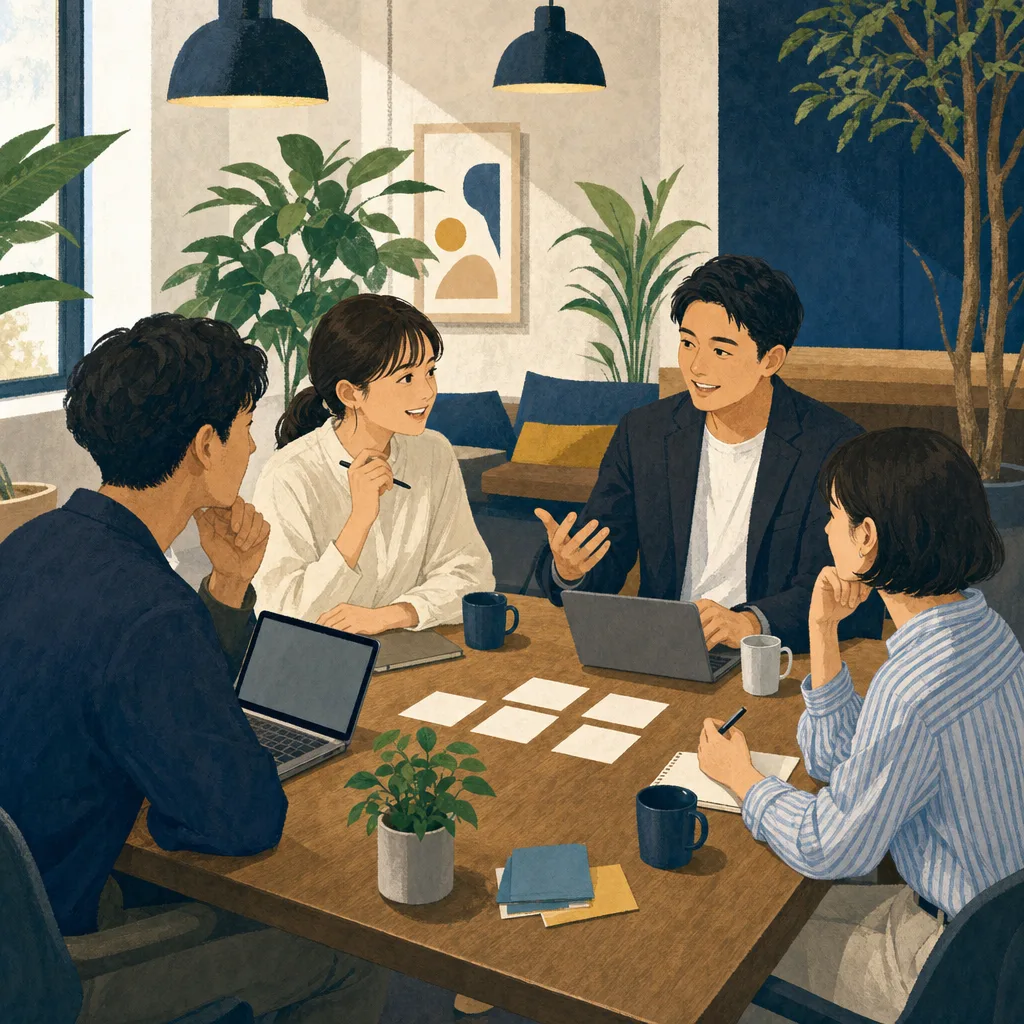 交流する日本人コワーキング利用者（編集記事向け）。コワーキング交流会、ネットワーキング、コワーキング、フリーランスの記事や案内に使える商用素材です。