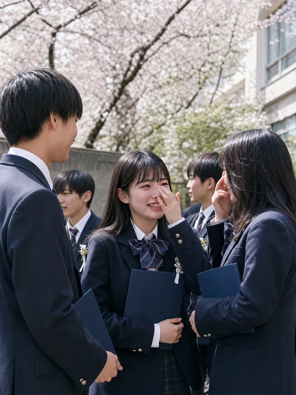 卒業式を終えた日本人学生（自然な縦位置写真）。卒業、進路、学校、採用広報に使える、式後の学生たちの自然な素材です。