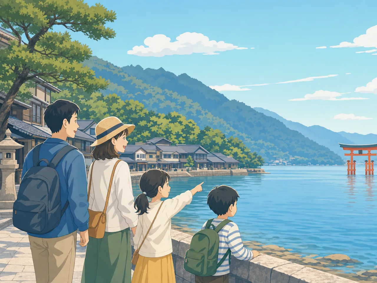 宮島の海辺を訪れる日本人旅行者（フラットイラスト）。宮島、瀬戸内、島旅、国内旅行の記事向け素材です。