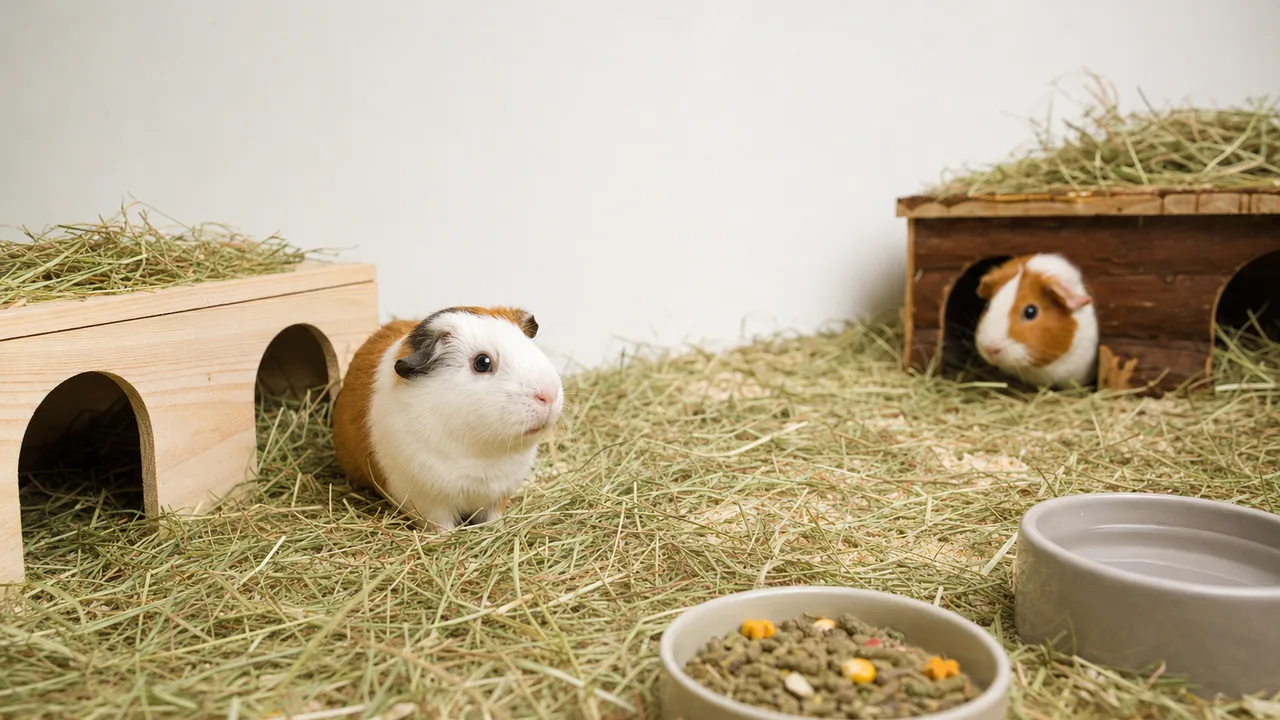 適切な環境で暮らすモルモット（横長・コピースペース）。モルモット、小動物、ペット、飼育環境の記事向け素材です。