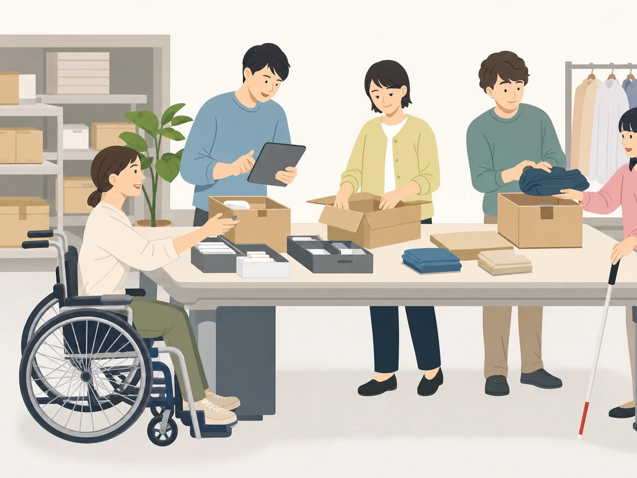 障害のある人と協働する日本の職場（フラットイラスト）。障害者雇用、合理的配慮、就労支援、共生社会の記事向け素材です。