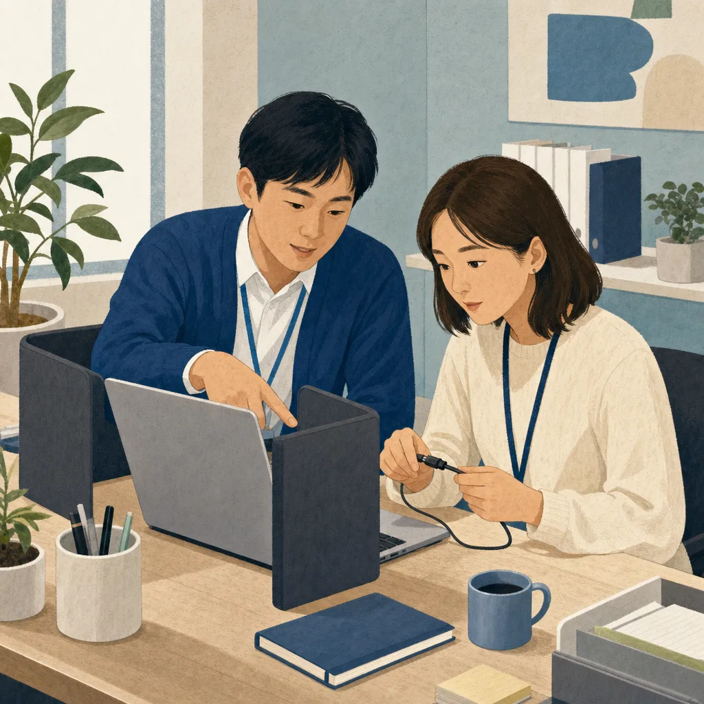 ITサポートを行う日本人担当者（編集記事向け）。ITサポート、ヘルプデスク、社内IT、問題解決の記事向け素材です。