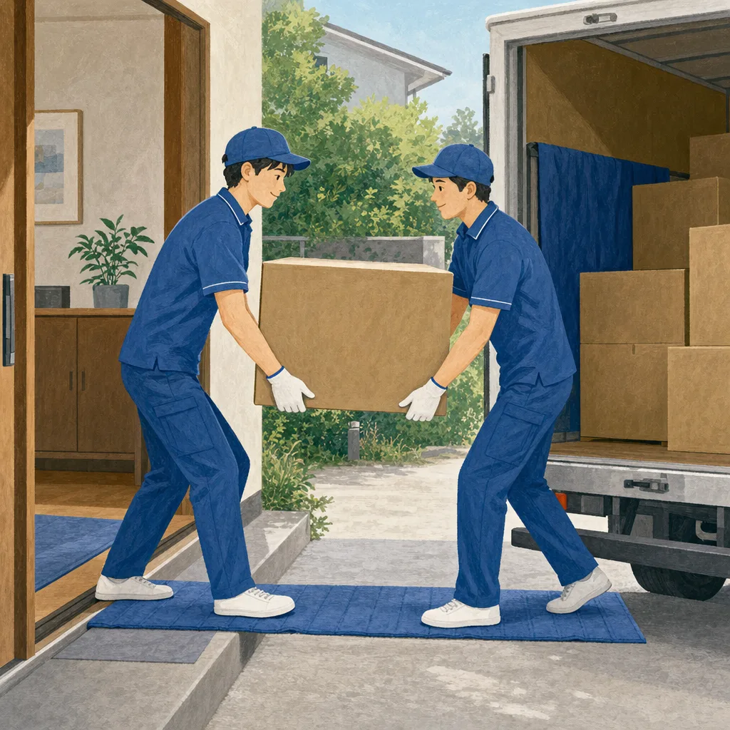 引越しを支える日本人作業員（編集記事向け）。引越し業者、運搬、新生活、住み替えの記事向け素材です。
