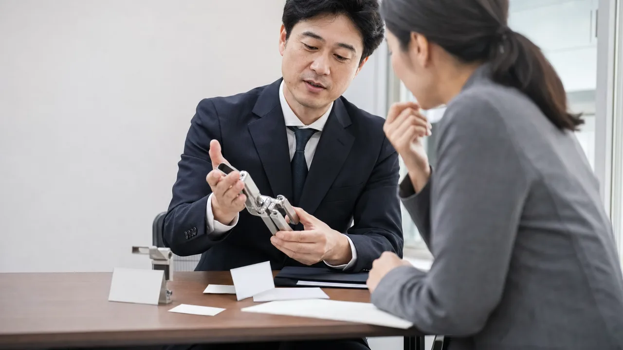 発明を相談する日本人と弁理士（横長・コピースペース）。特許相談、弁理士、発明、知的財産の記事や案内に使える商用素材です。