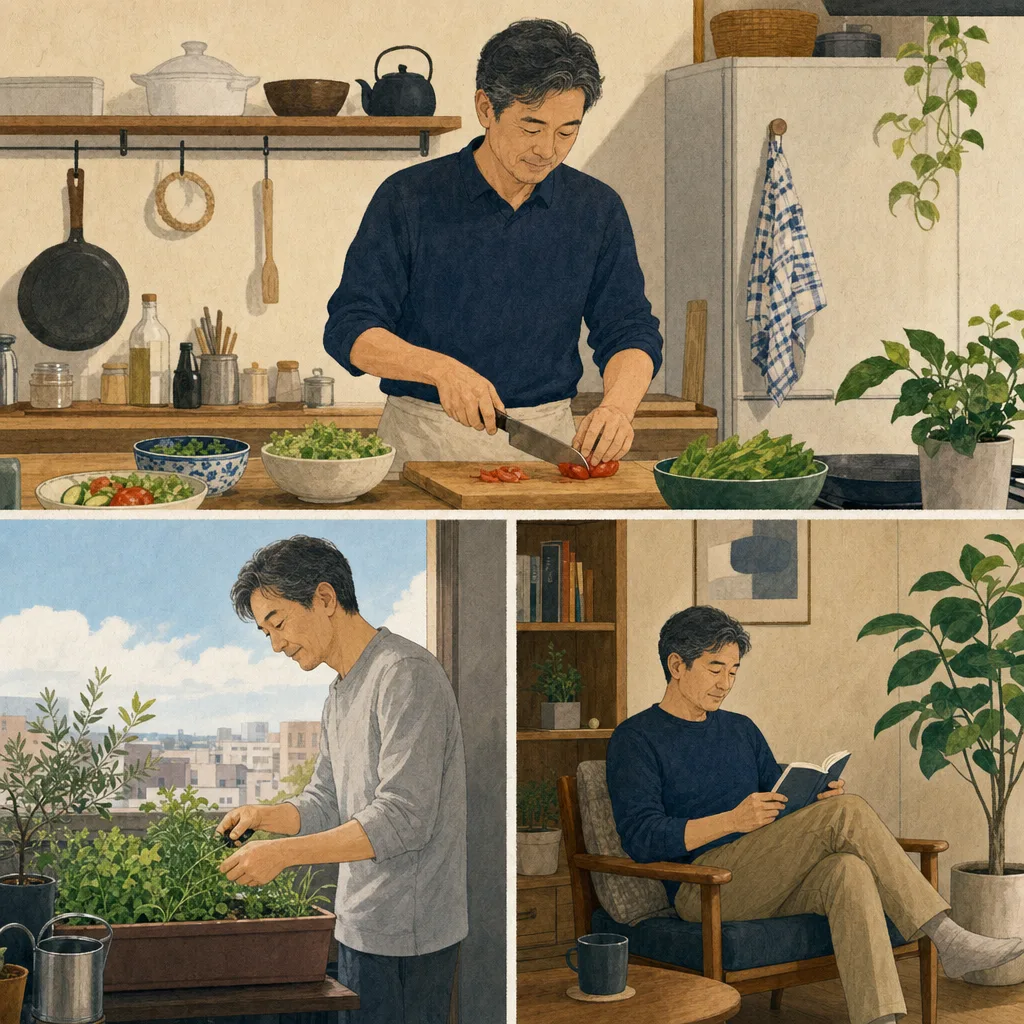 日々を楽しむ日本人の中年男性（編集記事向け）。中年男性、日常生活、趣味、健康的な暮らしの記事向け素材です。