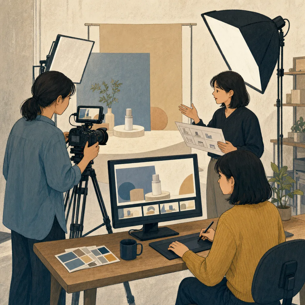 動画制作に取り組む日本人チーム（編集記事向け）。動画制作、映像クリエイター、撮影、編集の記事向け素材です。