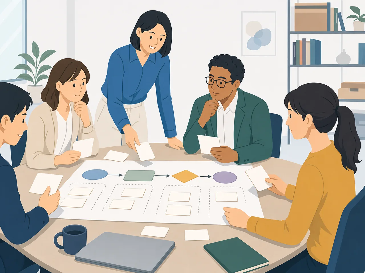 生成AIガバナンスを検討する日本人チーム（フラットイラスト）。生成AIガバナンス、AI活用、リスク管理、企業向け素材です。