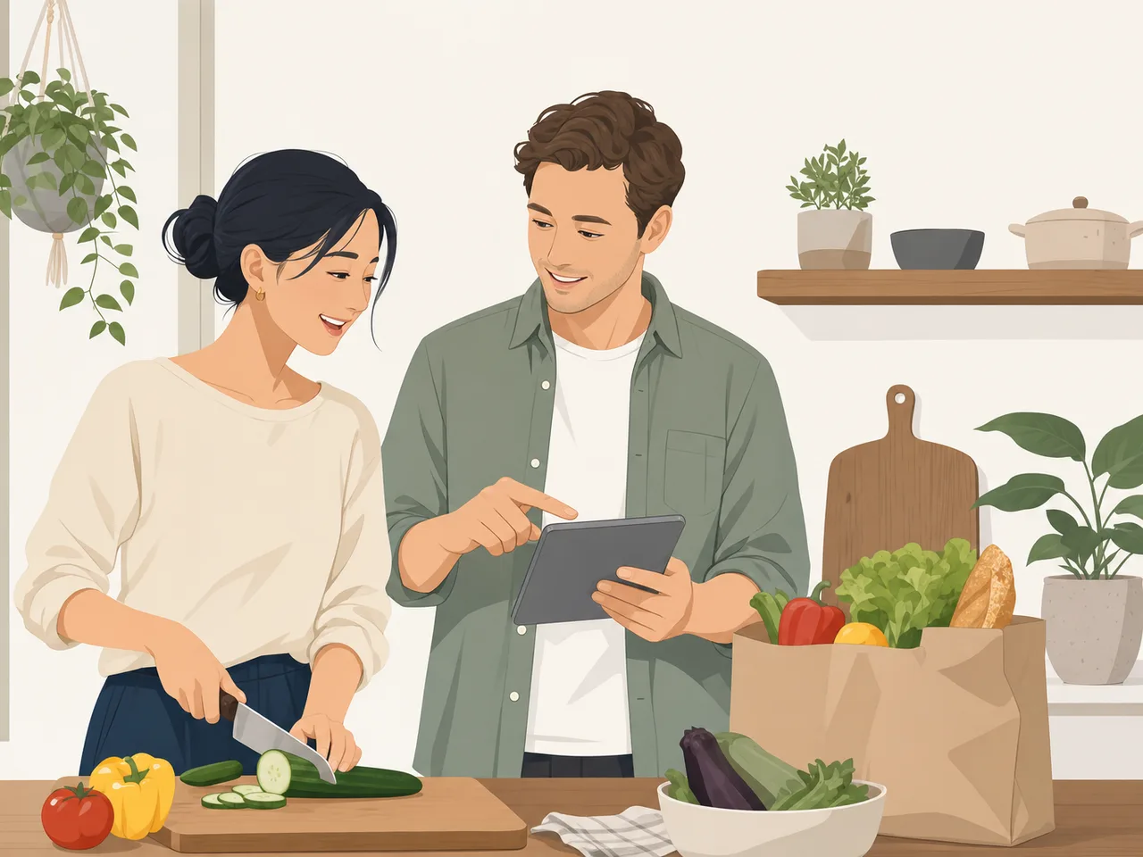 暮らしを共にする国際結婚カップル（フラットイラスト）。国際結婚、多文化家庭、夫婦、日常生活の記事向け素材です。