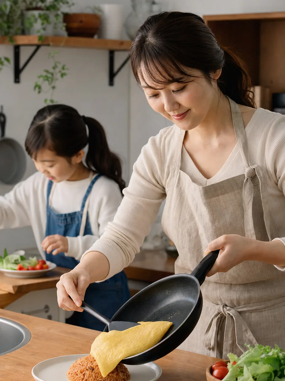 オムライスを作る日本人家族（自然な縦位置写真）。オムライス、家庭料理、親子、昼食の記事向け素材です。