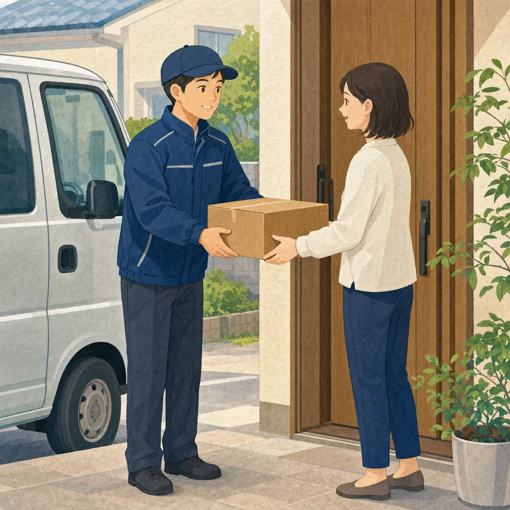 宅配便を届ける日本人ドライバー（編集記事向け）。宅配便、物流、配送、ラストワンマイルの記事向け素材です。