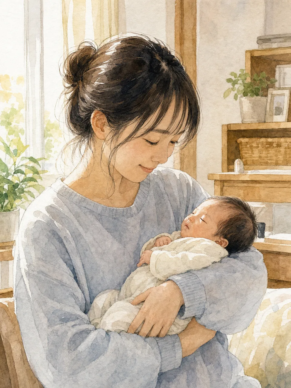 赤ちゃんを抱く日本人の母親（手描き水彩）。育児、出産、家族向けサービスの案内に使いやすい、母親と新生児の自然な日常素材です。
