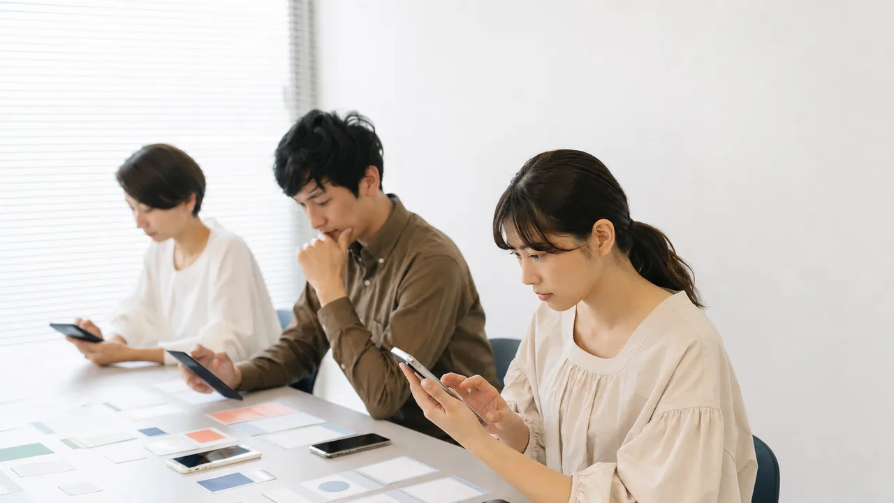 スマホアプリを検証する日本人テスター（横長・コピースペース）。アプリテスト、QA、品質保証、スマホアプリの記事や案内に使える商用素材です。