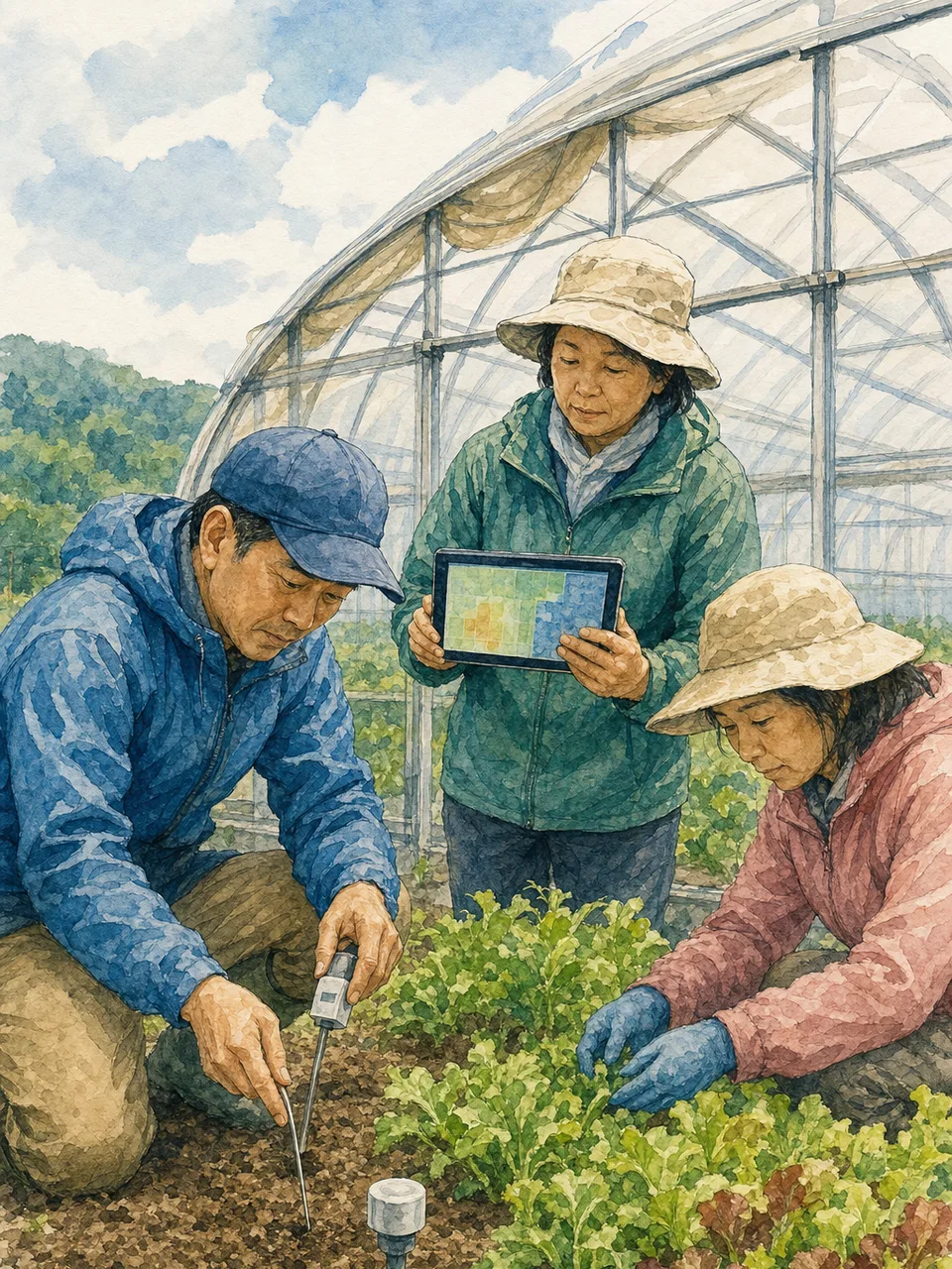 スマート農業に取り組む日本人農家（手描き水彩）。スマート農業、農業IoT、センサー、農業技術の記事向け素材です。