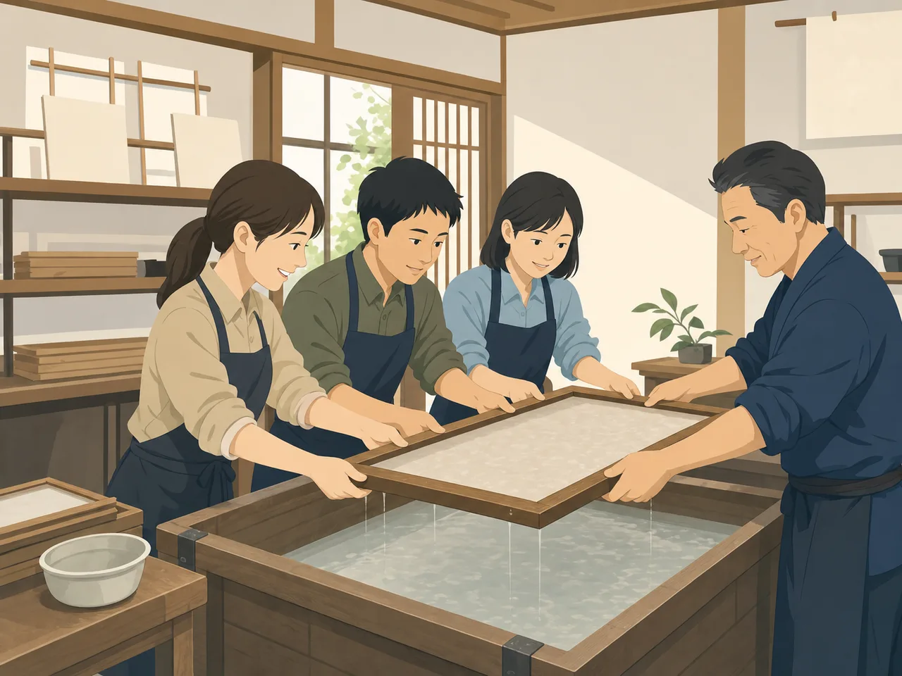 和紙作りを体験する日本人（フラットイラスト）。和紙作り、伝統工芸、紙すき、職人体験の記事や案内に使える商用素材です。
