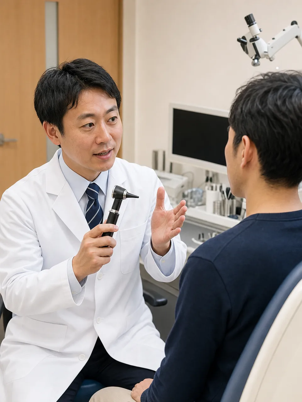 耳鼻科で診察を受ける日本人患者（自然な縦位置写真）。耳鼻科、耳の診察、医療、クリニックの記事向け素材です。