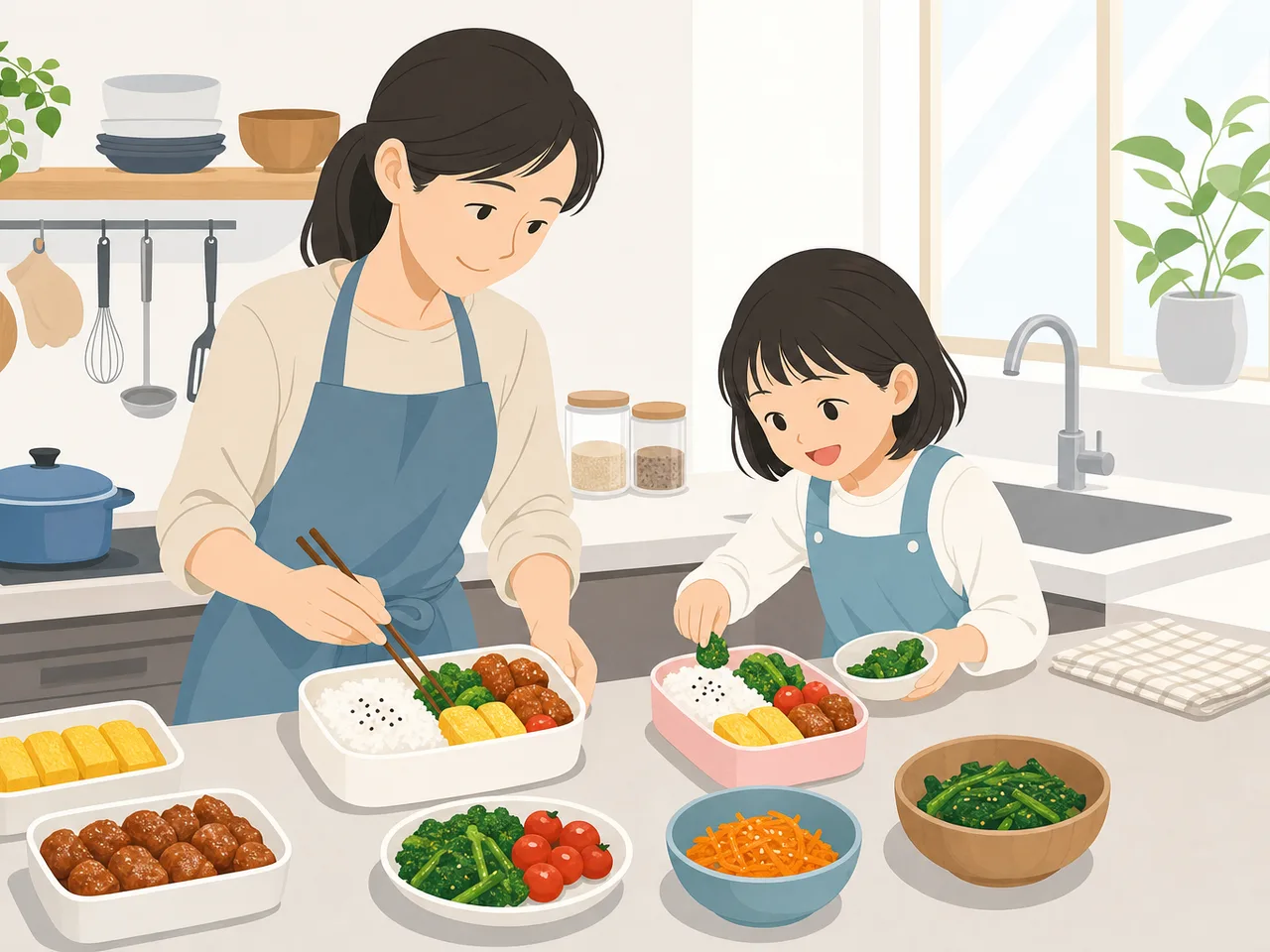 家族のお弁当を作る日本人（フラットイラスト）。弁当、家事、子育て、食品や生活サービスに使える朝の調理素材です。