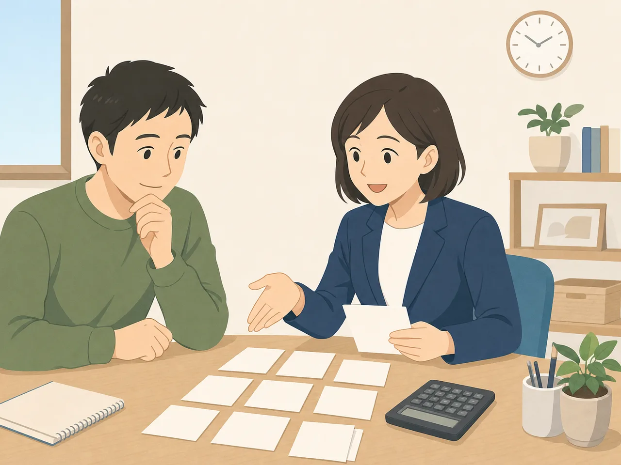 確定申告を相談する日本人（フラットイラスト）。確定申告の準備、個人の税務相談、確定申告、税理士の記事や案内に使える商用素材です。