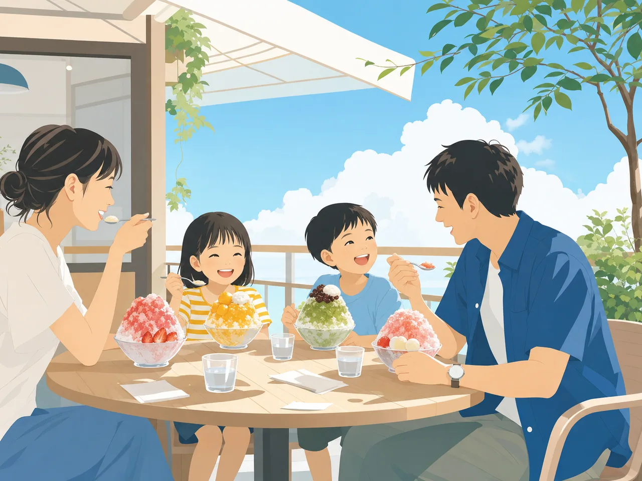 かき氷を楽しむ日本人（フラットイラスト）。かき氷、夏、カフェ、涼をテーマにした記事向け素材です。