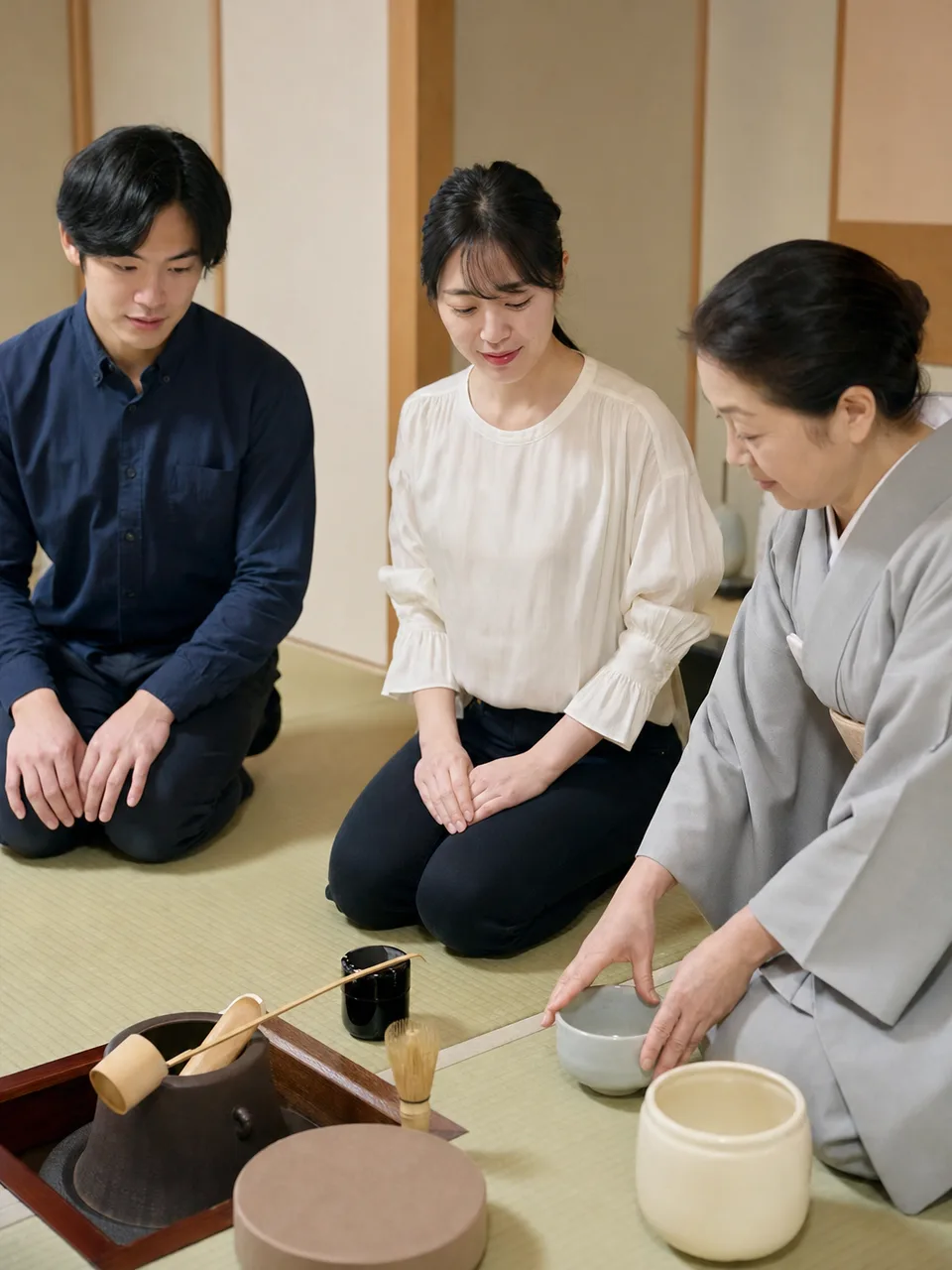 茶道を学ぶ日本人（自然な縦位置写真）。茶道、茶の湯、日本文化、伝統文化の記事や案内に使える商用素材です。