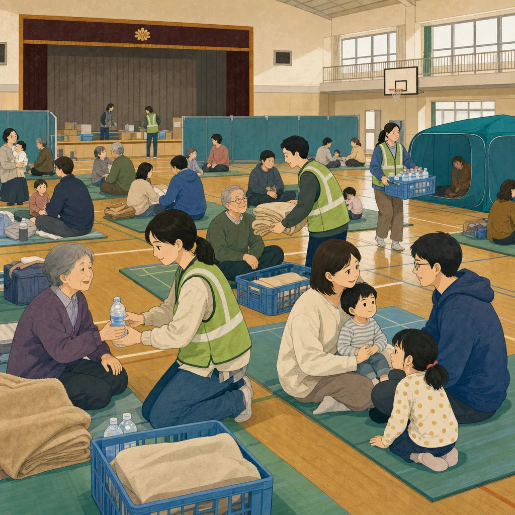 地震後の避難所で支え合う地域住民（編集記事向け）。防災、地震対策、避難所運営、地域支援の記事に使える素材です。