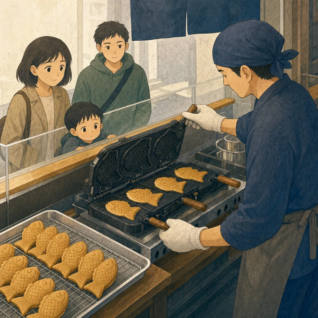 たい焼きを焼く日本人店員（編集記事向け）。たい焼き、和菓子、商店街、食べ歩きの記事向け素材です。