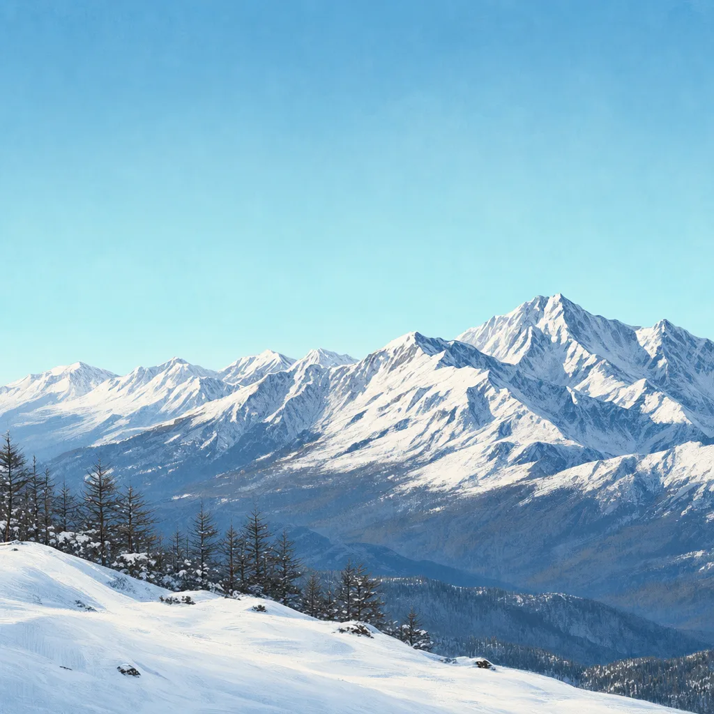 冬の日本の雪山（正方形デザイン）。雪山、冬山、雪景色、自然風景向け素材です。