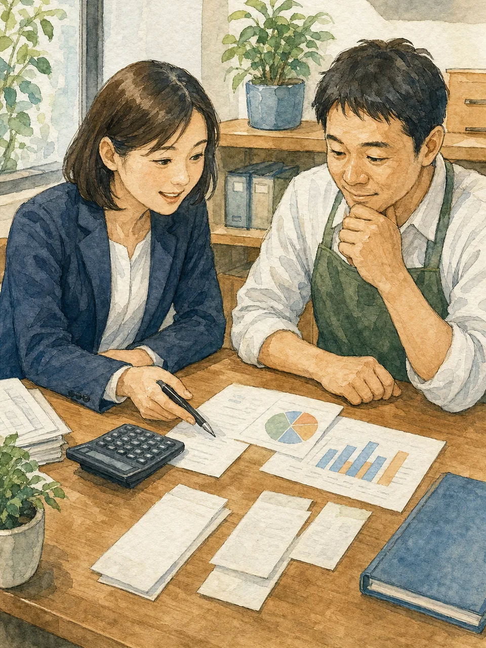 事業者に助言する日本人税理士（手描き水彩）。税理士、確定申告、会計、経営相談の記事に使える素材です。