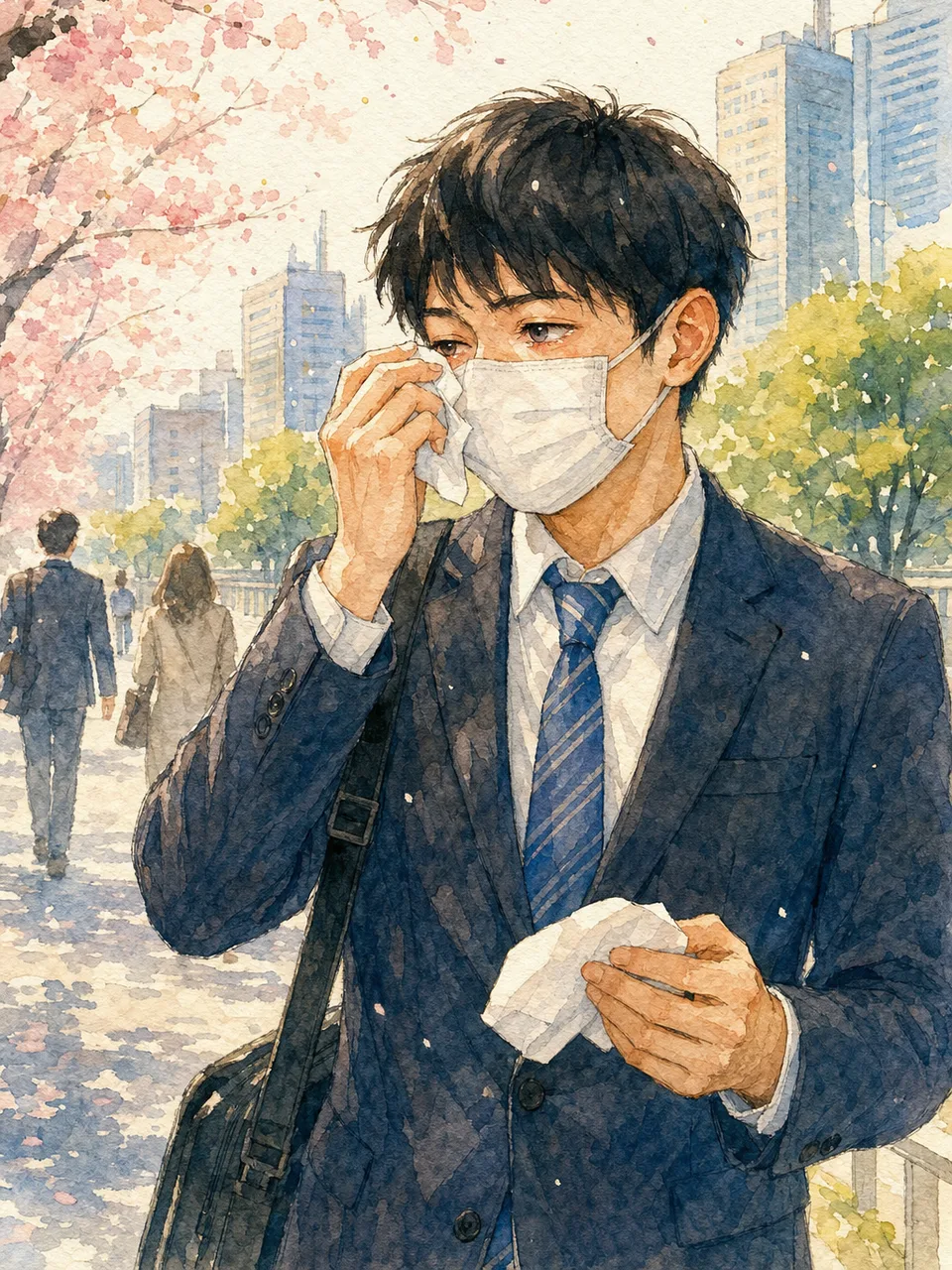 花粉症対策をする日本人通勤者（手描き水彩）。春の健康情報、花粉対策、医療、日用品の記事に使える生活場面です。