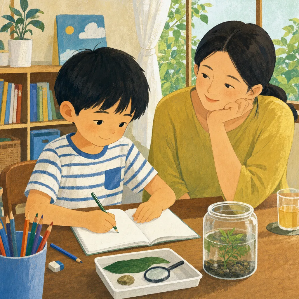 夏休みの宿題に取り組む日本人の子ども（編集記事向け）。夏休みの宿題、子ども、家庭学習、夏の記事向け素材です。