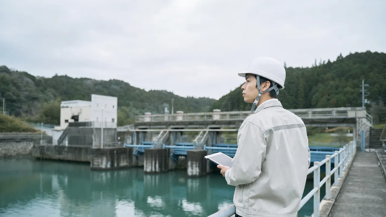 水力発電設備を点検する日本人技術者（横長・コピースペース）。水力発電、ダム点検、再生可能エネルギー、発電設備の記事や案内に使える商用素材です。