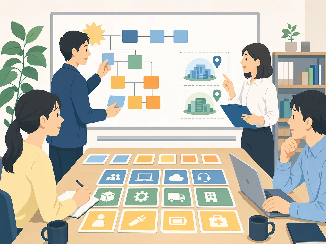 事業継続計画を作る日本人チーム（フラットイラスト）。事業継続計画、BCP、災害対策、リスク管理の記事や案内に使える商用素材です。