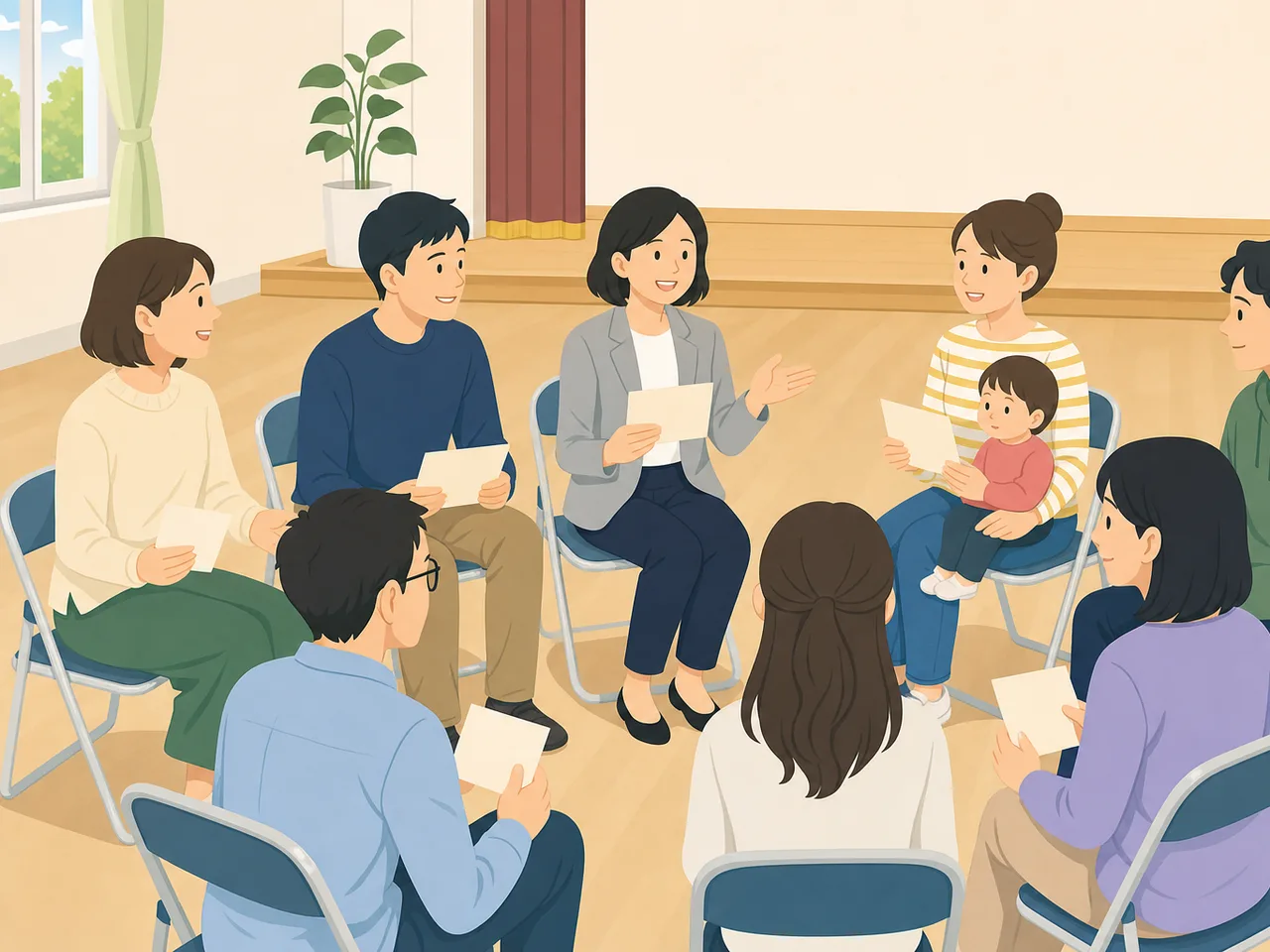 学校について話し合う日本人PTA（フラットイラスト）。PTA、保護者会、学校運営、地域連携の記事に使える素材です。