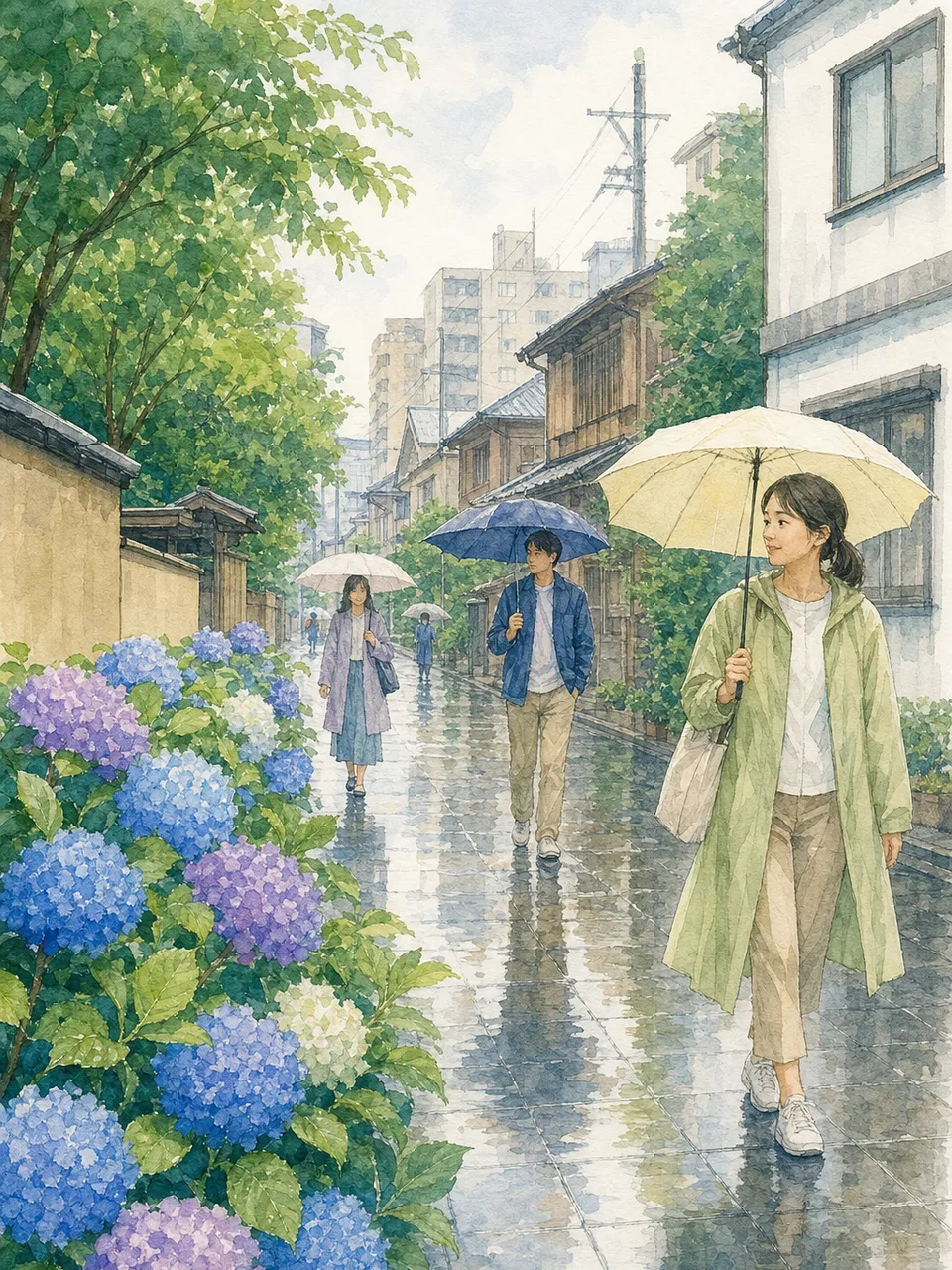 梅雨の街を歩く日本人（手描き水彩）。梅雨、雨、通勤、暮らしの記事に使える季節素材です。