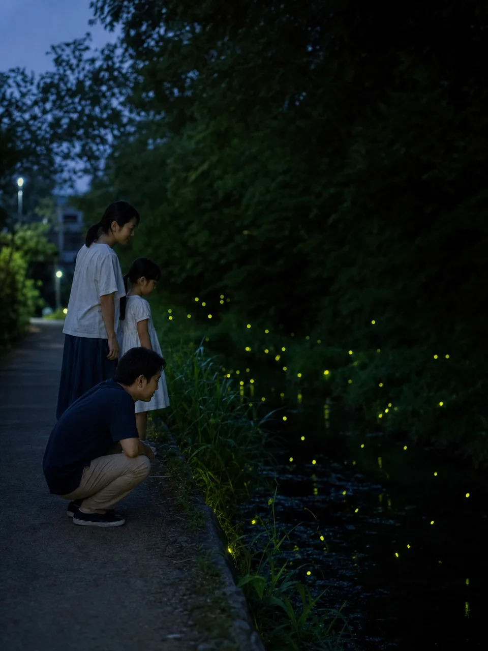 ホタルの生息地を観察する日本人（自然な縦位置写真）。ホタル、蛍、自然観察、初夏の記事や案内に使える商用素材です。