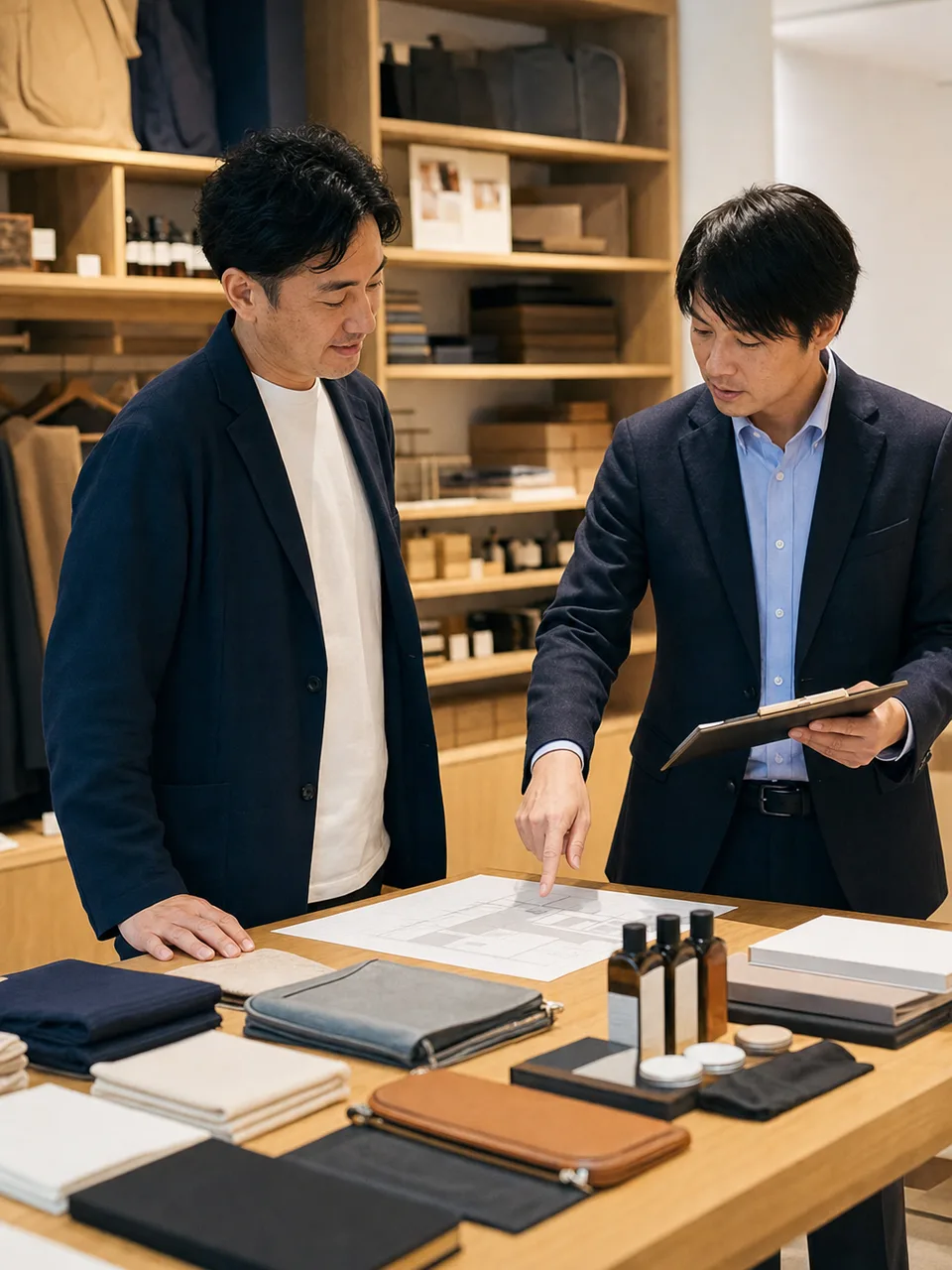 店舗運営を確認する日本人フランチャイズ担当者（自然な縦位置写真）。フランチャイズ、店舗運営、店長、経営支援の記事や案内に使える商用素材です。