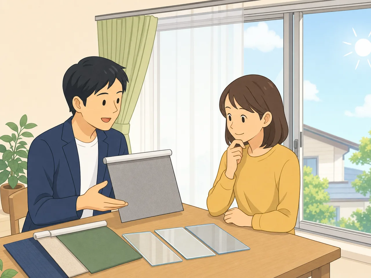 窓の日射対策を相談する日本人（フラットイラスト）。窓の日射対策、遮熱、日よけ、省エネ住宅の記事や案内に使える商用素材です。