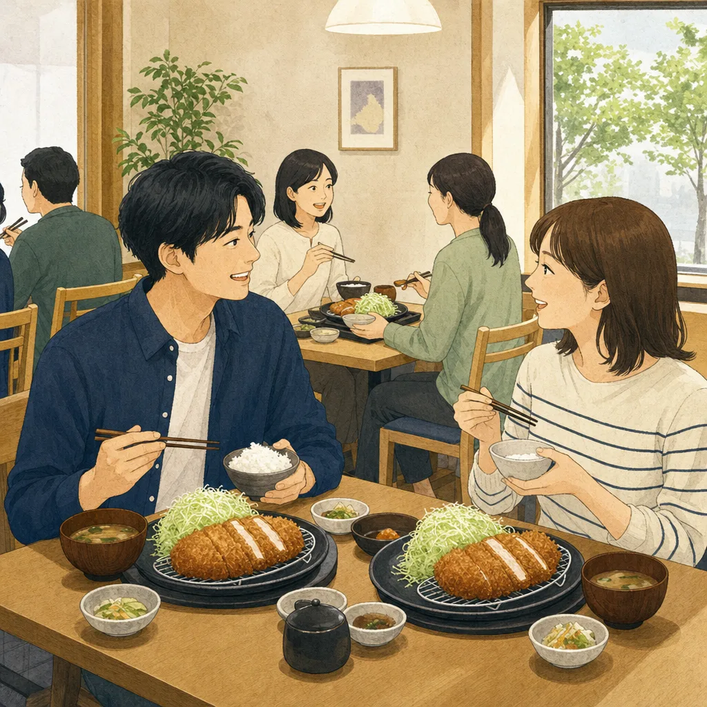 とんかつ定食を楽しむ日本人（編集記事向け）。とんかつ、定食、和食、外食の記事向け素材です。