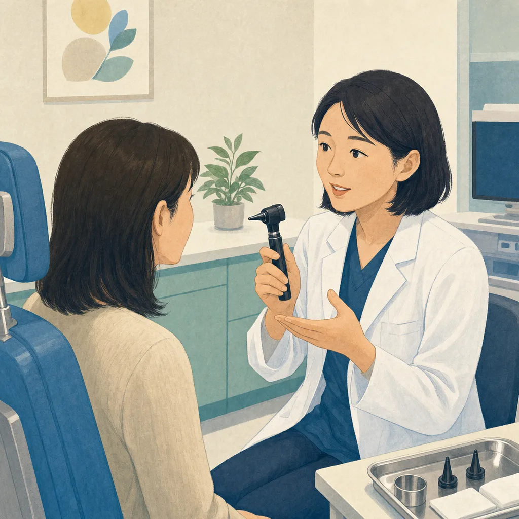 耳鼻科で診察を受ける日本人患者（編集記事向け）。耳鼻科、耳の診察、医療、クリニックの記事向け素材です。