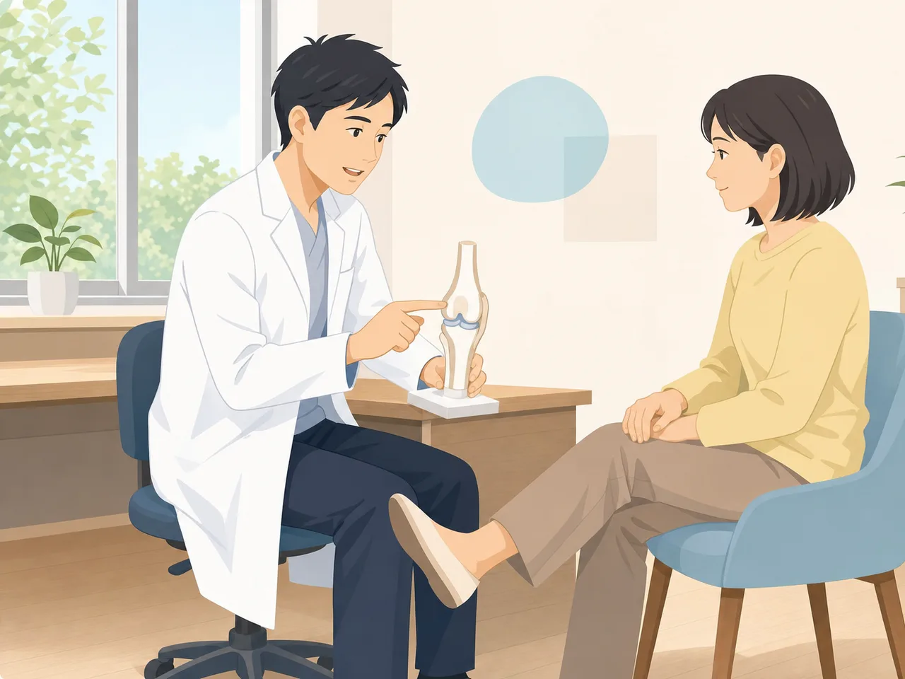 整形外科で相談する日本人患者（フラットイラスト）。整形外科、関節、運動器、リハビリ相談の記事向け素材です。