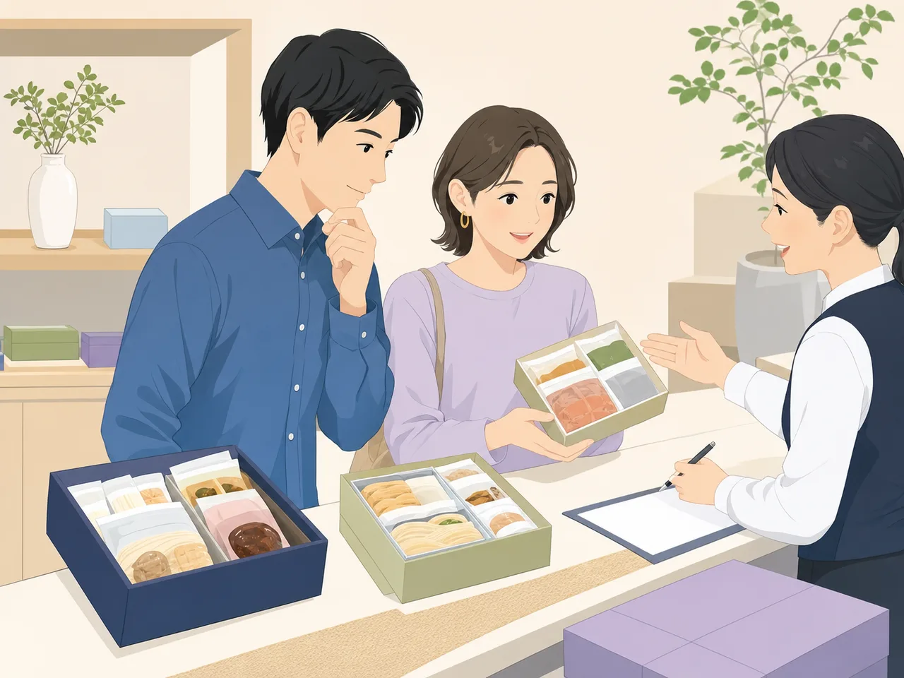 お中元を選ぶ日本人（フラットイラスト）。お中元、夏の贈り物、季節の挨拶、ギフトの記事向け素材です。