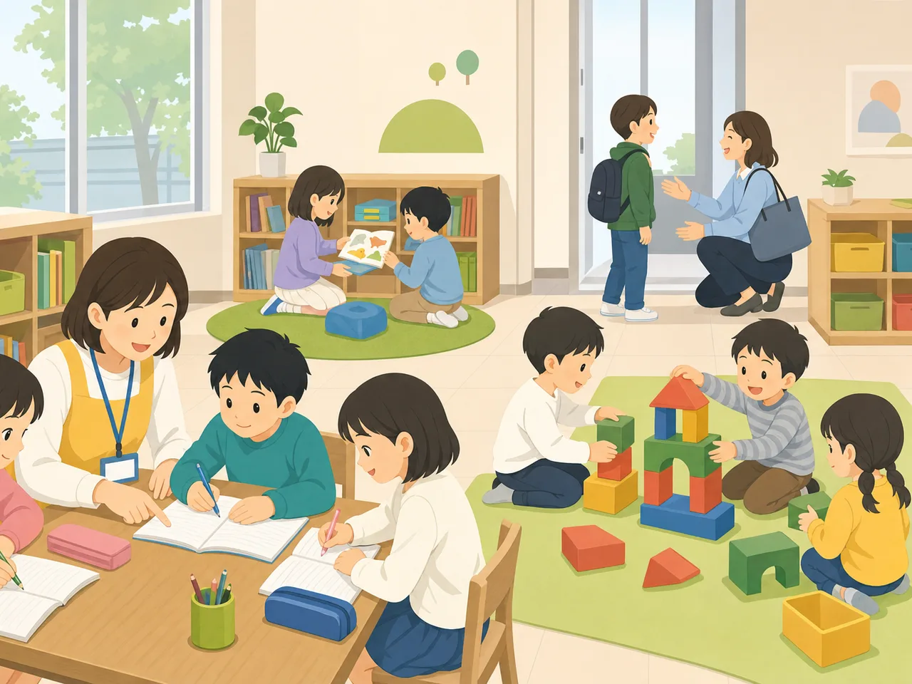 学童保育で過ごす日本人の子どもたち（フラットイラスト）。学童保育、放課後、子育て支援、子どもの生活の記事向け素材です。