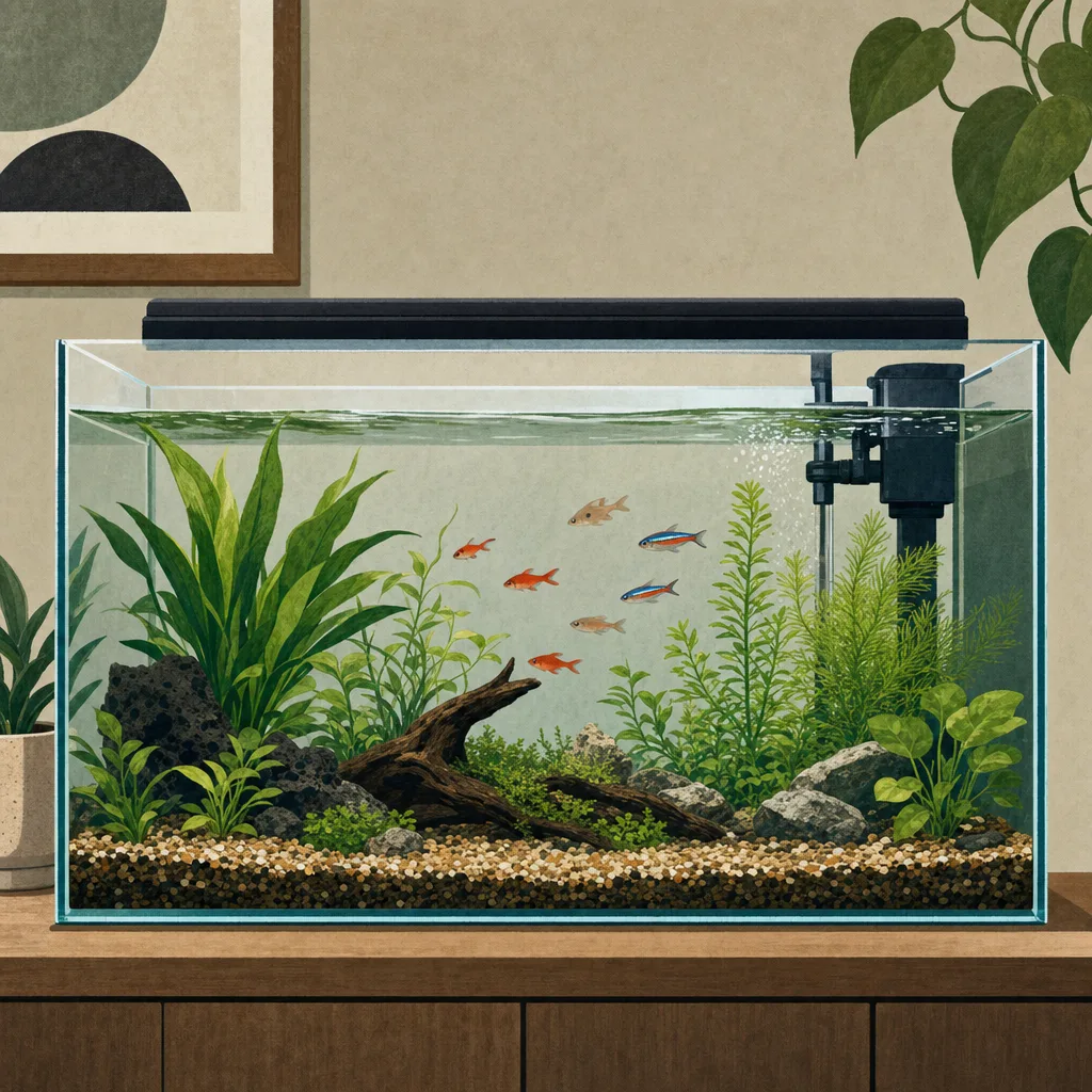 水草のある淡水アクアリウム（編集記事向け）。淡水魚、アクアリウム、水草水槽、観賞魚の記事や案内に使える商用素材です。