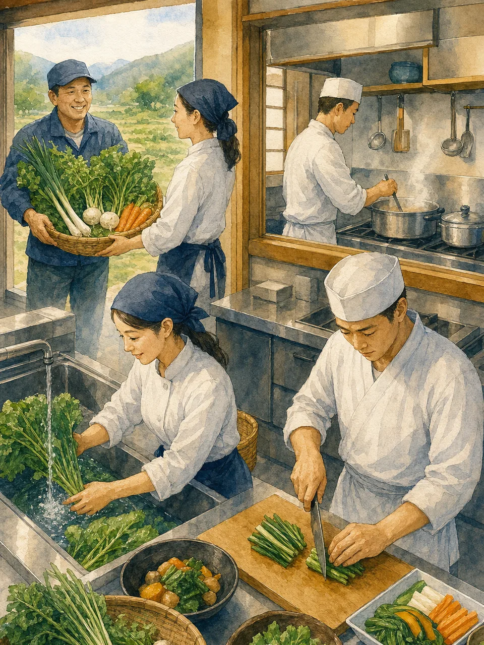 地元食材を仕込む日本人料理人（手描き水彩）。地産地消レストラン、地元食材、料理人、農家の記事や案内に使える商用素材です。