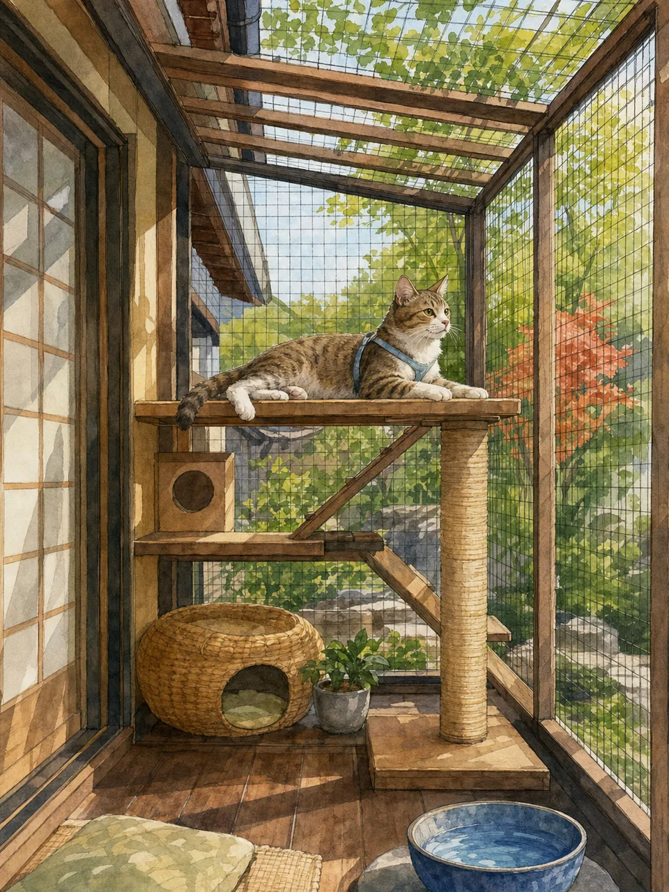 安全なキャティオで過ごす猫（手描き水彩）。キャティオ、猫、室内飼育、猫の安全の記事や案内に使える商用素材です。