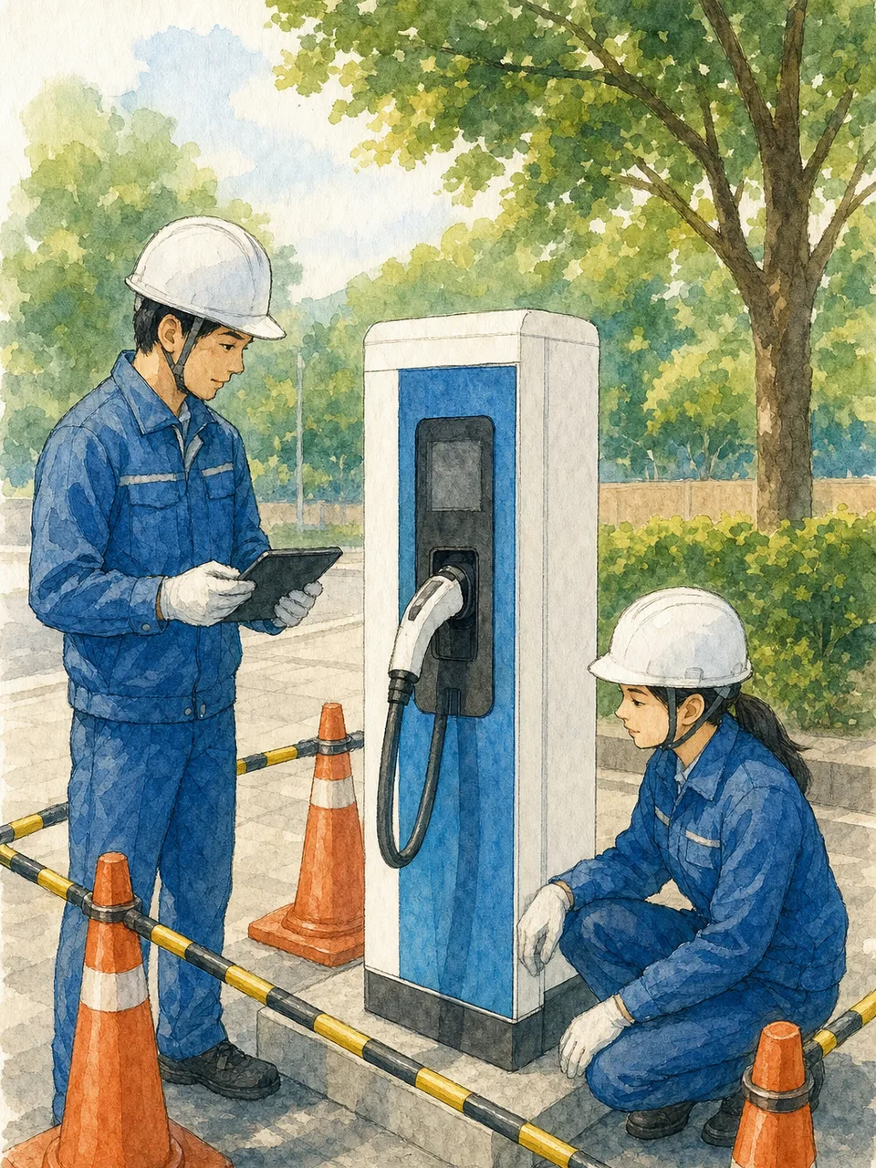 EV充電設備を点検する日本人技術者（手描き水彩）。EV充電設備、電気自動車、充電スタンド、設備点検の記事や案内に使える商用素材です。