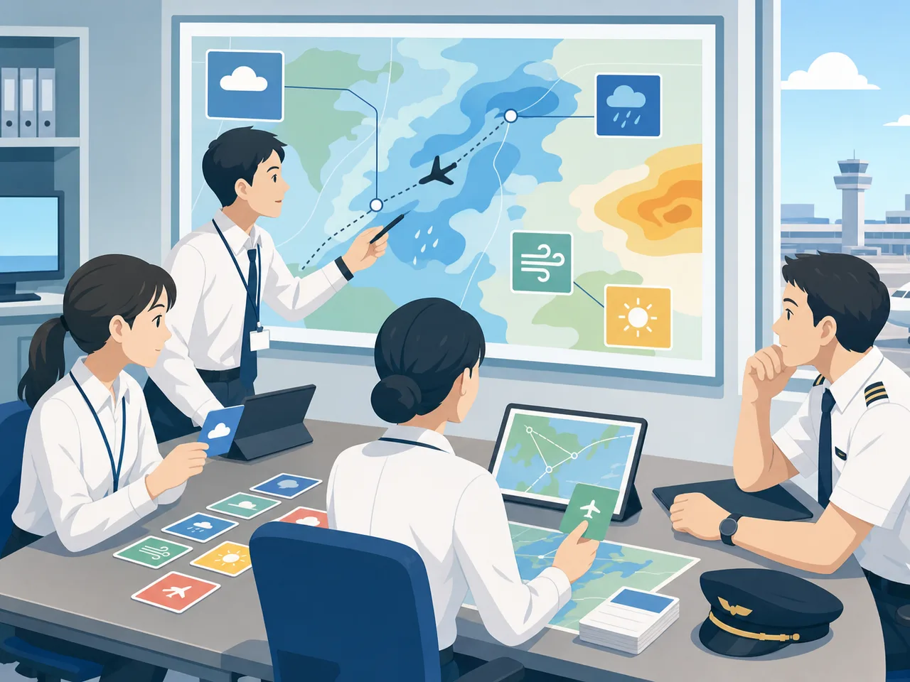 運航計画を確認する日本人ディスパッチャー（フラットイラスト）。運航管理者、フライトディスパッチャー、航空、運航計画の記事や案内に使える商用素材です。