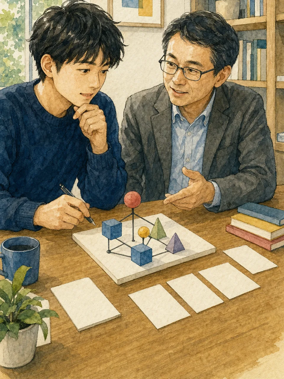 研究指導を受ける日本人大学院生（手描き水彩）。大学院生、研究指導、指導教員、論文指導の記事や案内に使える商用素材です。